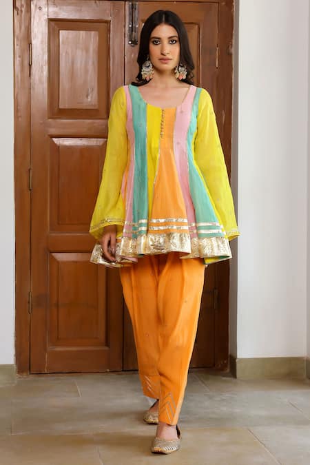 Sanam_Orange Chanderi Gota Patti Round Neck Embroidered Peplum Kurta Set _Online_at_Aza_Fashions