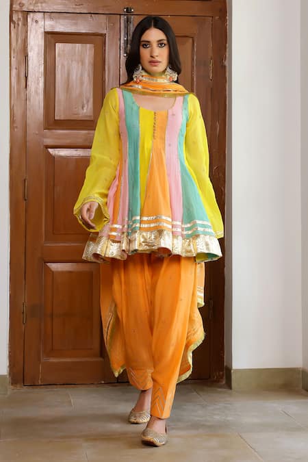 Shop_Sanam_Orange Chanderi Gota Patti Round Neck Embroidered Peplum Kurta Set _Online_at_Aza_Fashions