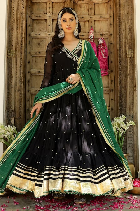 Sanam Black Chanderi Embroidery, Gota Patti V-neck Aari Angarkha Anarkali Set 