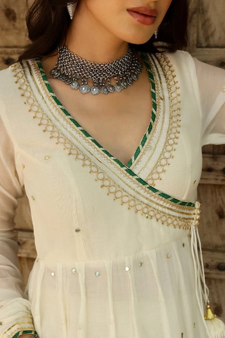 Buy_Sanam_Off White Chanderi Mirrors, Gota Patti V-neck Embroidered Angarkha Anarkali Set _Online_at_Aza_Fashions