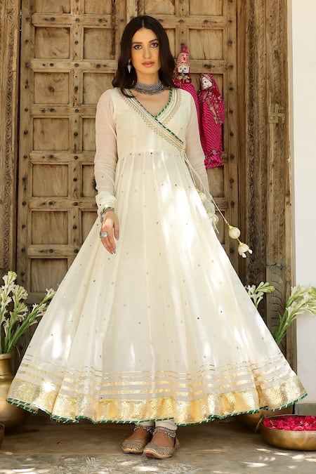 Shop_Sanam_Off White Chanderi Mirrors, Gota Patti V-neck Embroidered Angarkha Anarkali Set _Online_at_Aza_Fashions