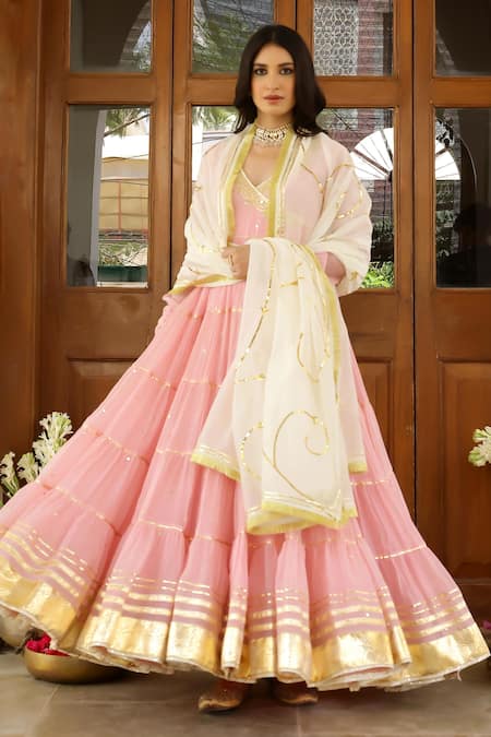 Buy_Sanam_Pink Chanderi Zari, Mirrors V-neck Zardozi Embroidered Angarkha Set _Online_at_Aza_Fashions