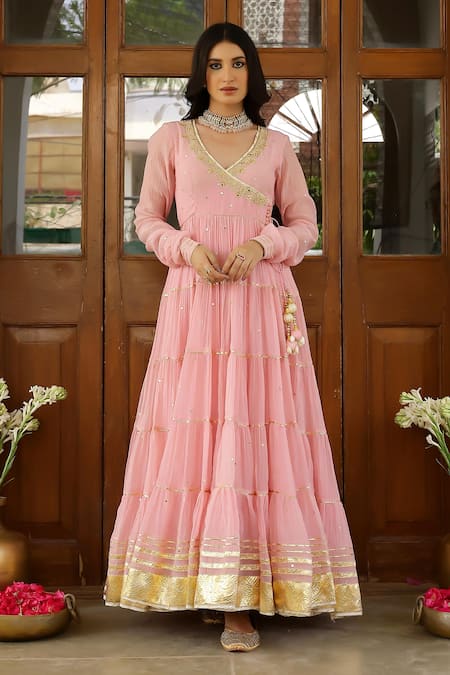 Shop_Sanam_Pink Chanderi Zari, Mirrors V-neck Zardozi Embroidered Angarkha Set _Online_at_Aza_Fashions