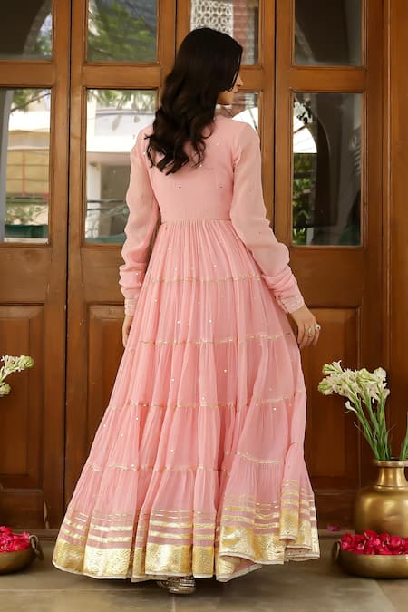 Sanam_Pink Chanderi Zari, Mirrors V-neck Zardozi Embroidered Angarkha Set _at_Aza_Fashions