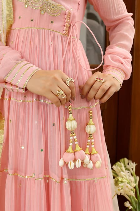 Buy_Sanam_Pink Chanderi Zari, Mirrors V-neck Zardozi Embroidered Angarkha Set 