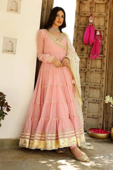 Shop_Sanam_Pink Chanderi Zari, Mirrors V-neck Zardozi Embroidered Angarkha Set 