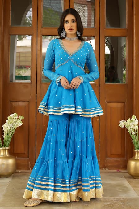 Sanam_Blue Chanderi Embroidery, Mirrors, Gota Patti V-neck Peplum Kurta Sharara Set _Online_at_Aza_Fashions