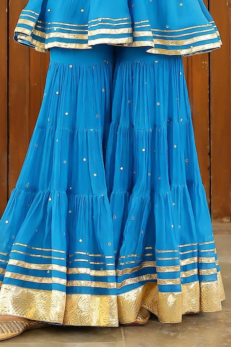 Buy_Sanam_Blue Chanderi Embroidery, Mirrors, Gota Patti V-neck Peplum Kurta Sharara Set _Online_at_Aza_Fashions