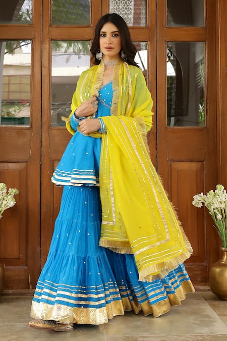 Sanam_Blue Chanderi Embroidery, Mirrors, Gota Patti V-neck Peplum Kurta Sharara Set _at_Aza_Fashions