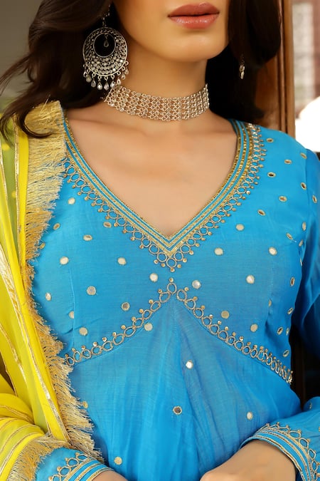 Shop_Sanam_Blue Chanderi Embroidery, Mirrors, Gota Patti V-neck Peplum Kurta Sharara Set 