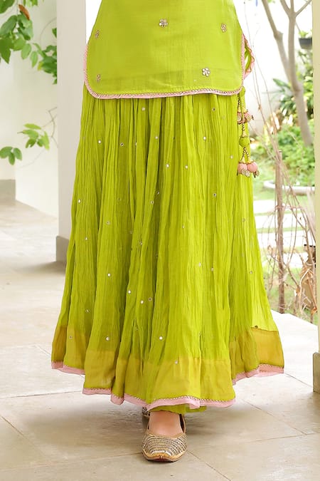 Sanam_Green Chanderi Mirrors Halter Neck Work Kurta And Skirt Set _Online_at_Aza_Fashions