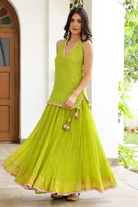 Buy_Sanam_Green Chanderi Mirrors Halter Neck Work Kurta And Skirt Set _Online_at_Aza_Fashions