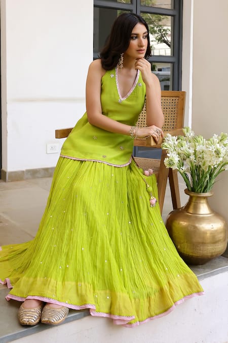 Sanam_Green Chanderi Mirrors Halter Neck Work Kurta And Skirt Set _at_Aza_Fashions
