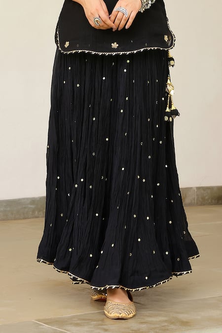 Sanam_Black Chanderi Embroidery, Mirrors, Tassels Halter Neck Kurta Skirt Set _Online_at_Aza_Fashions