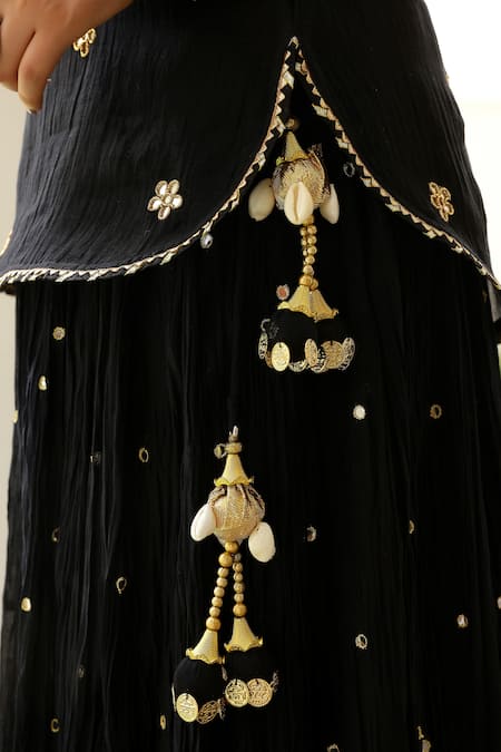 Buy_Sanam_Black Chanderi Embroidery, Mirrors, Tassels Halter Neck Kurta Skirt Set _Online_at_Aza_Fashions