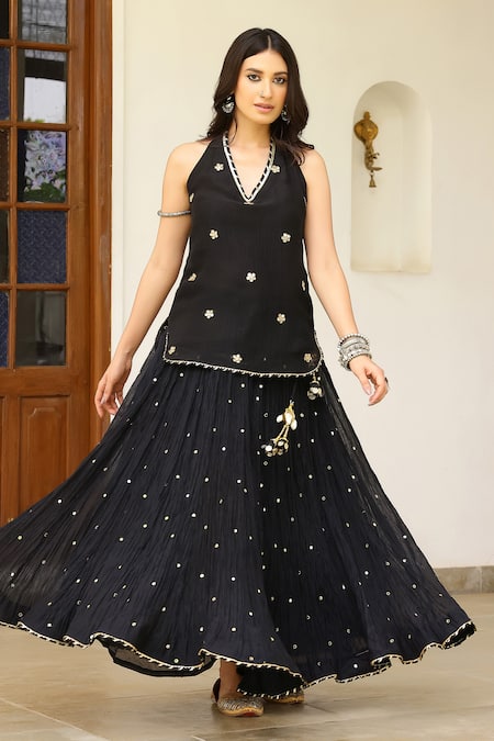 Shop_Sanam_Black Chanderi Embroidery, Mirrors, Tassels Halter Neck Kurta Skirt Set _Online_at_Aza_Fashions