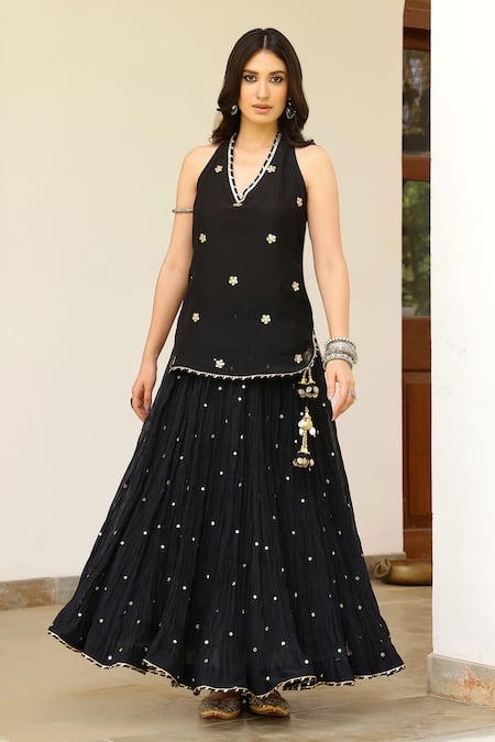 Sanam_Black Chanderi Embroidery, Mirrors, Tassels Halter Neck Kurta Skirt Set _at_Aza_Fashions