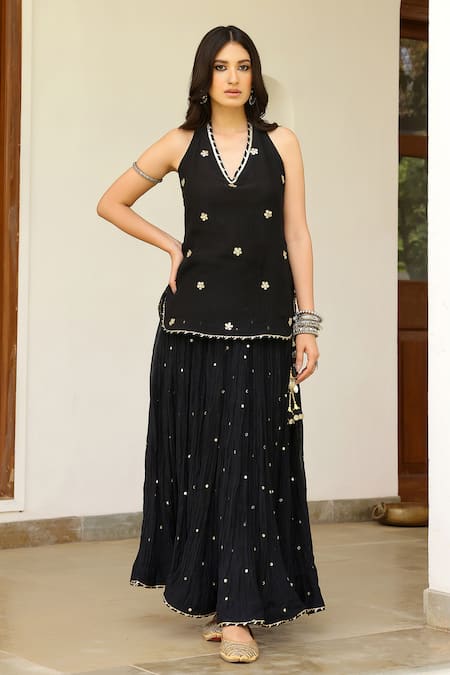 Sanam Black Chanderi Embroidery, Mirrors, Tassels Halter Neck Kurta Skirt Set 