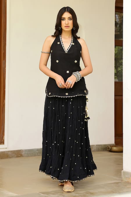 Shop_Sanam_Black Chanderi Embroidery, Mirrors, Tassels Halter Neck Kurta Skirt Set 