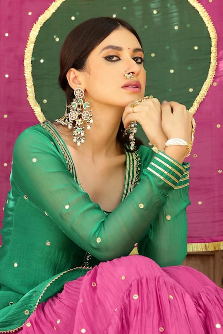 Sanam_Green Chanderi Zari, Mirrors Round Neck Gota Embroidered Kurta Sharara Set _Online_at_Aza_Fashions