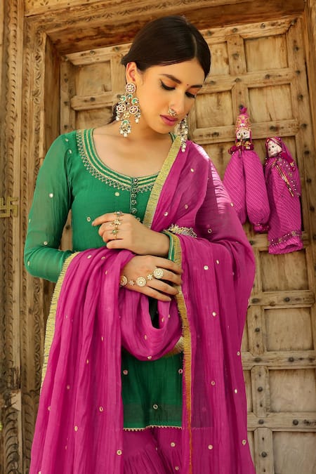 Buy_Sanam_Green Chanderi Zari, Mirrors Round Neck Gota Embroidered Kurta Sharara Set _Online_at_Aza_Fashions