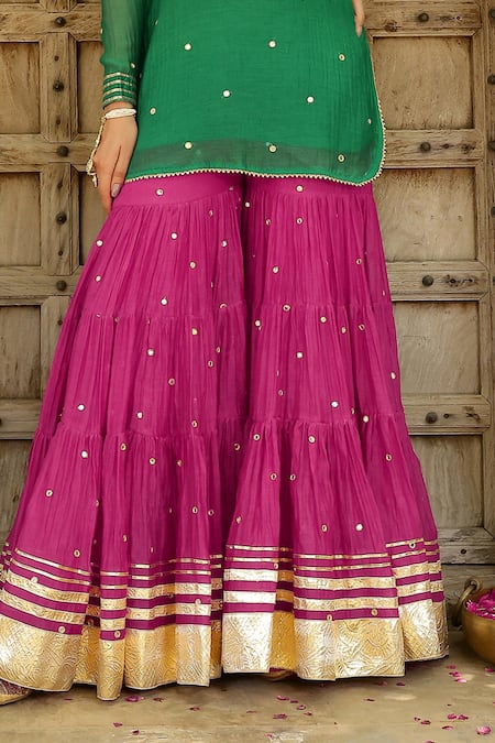 Shop_Sanam_Green Chanderi Zari, Mirrors Round Neck Gota Embroidered Kurta Sharara Set _Online_at_Aza_Fashions