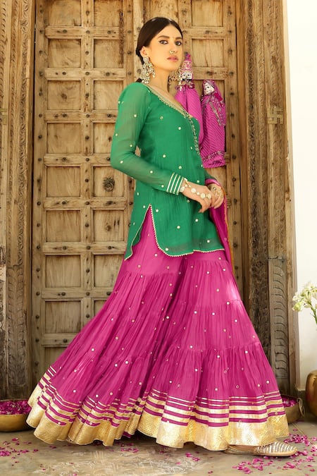 Sanam_Green Chanderi Zari, Mirrors Round Neck Gota Embroidered Kurta Sharara Set _at_Aza_Fashions