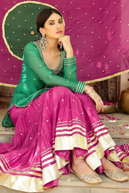 Buy_Sanam_Green Chanderi Zari, Mirrors Round Neck Gota Embroidered Kurta Sharara Set 