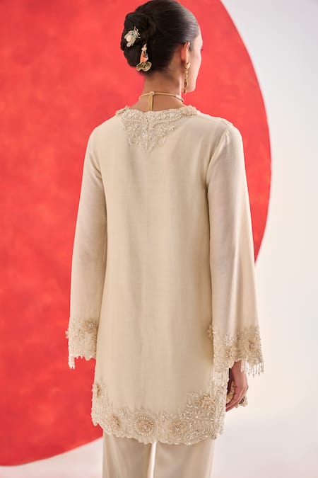 Buy_Ridhima Bhasin_Ivory Chanderi, Crepe Embroidery Split V-neck Daya Kurta And Dhoti Pant Set _Online_at_Aza_Fashions