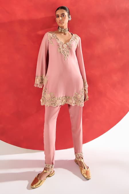 Shop_Ridhima Bhasin_Pink Chanderi, Crepe Embroidery Split V-neck Suhana Kurta Set _Online_at_Aza_Fashions
