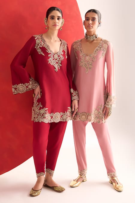 Buy_Ridhima Bhasin_Pink Chanderi, Crepe Embroidery Split V-neck Suhana Kurta Set 