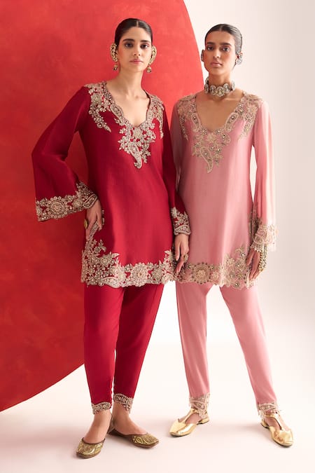 Shop_Ridhima Bhasin_Red Chanderi, Crepe Embroidery V-neck Nazm Kurta Set _Online_at_Aza_Fashions