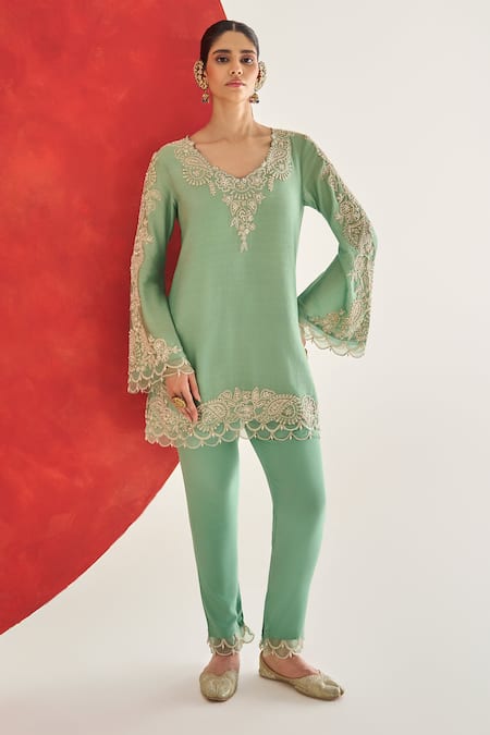 Ridhima Bhasin Aqua Chanderi, Crepe Embroidery V-neck Kavya Kurta Set 