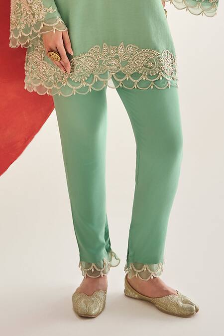 Ridhima Bhasin Aqua Chanderi, Crepe Embroidery V-neck Kavya Kurta Set Online at Aza Fashions Ridhima Bhasin_Aqua Chanderi, Crepe Embroidery V-neck Kavya Kurta Set _Online_at_Aza_Fashions