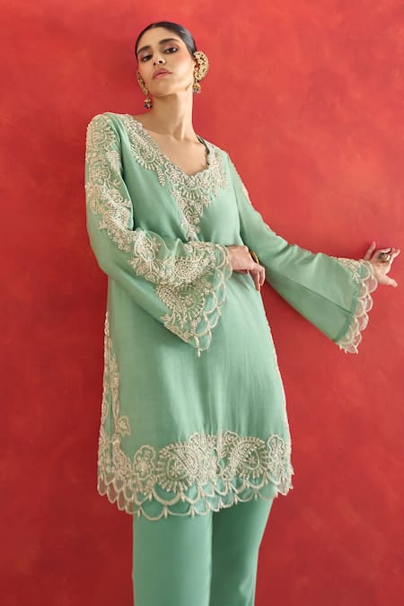 Buy Ridhima Bhasin Aqua Chanderi, Crepe Embroidery V-neck Kavya Kurta Set Online at Aza Fashions Buy_Ridhima Bhasin_Aqua Chanderi, Crepe Embroidery V-neck Kavya Kurta Set _Online_at_Aza_Fashions