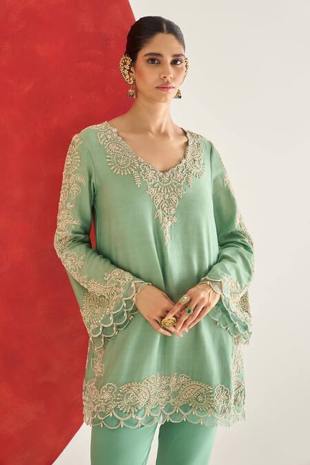 Shop Ridhima Bhasin Aqua Chanderi, Crepe Embroidery V-neck Kavya Kurta Set Online at Aza Fashions Shop_Ridhima Bhasin_Aqua Chanderi, Crepe Embroidery V-neck Kavya Kurta Set _Online_at_Aza_Fashions