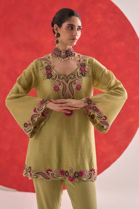 Shop_Ridhima Bhasin_Green Chanderi, Crepe Embroidery Round Neck Nitya Kurta Set _Online_at_Aza_Fashions
