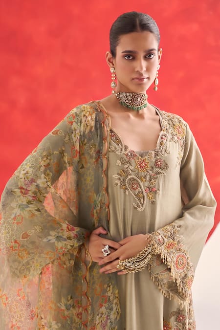 Buy_Ridhima Bhasin_Gray Chanderi, Crepe Embroidery Round Neck Roohi Kurta And Pant Set _Online_at_Aza_Fashions