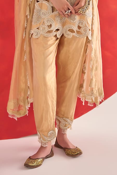 Ridhima Bhasin_Gold Tissue Embroidery Halter Neck Swarna Kurta Set _Online_at_Aza_Fashions