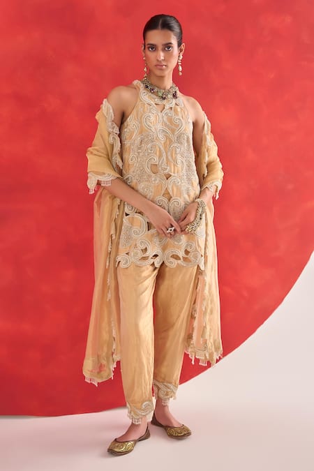 Ridhima Bhasin Gold Tissue Embroidery Halter Neck Swarna Kurta Set 