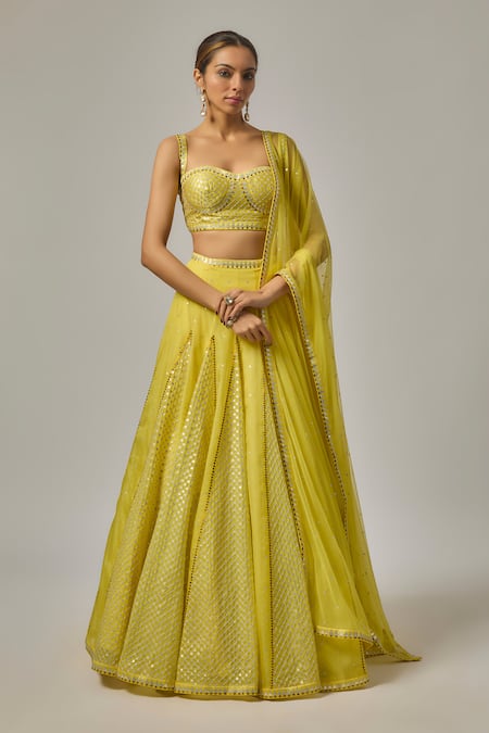 Priyal Prakash Yellow Organza, Net Sequins, Embroidery Hand Lehenga Set