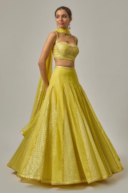 Buy_Priyal Prakash_Yellow Organza, Net Sequins, Embroidery Hand Lehenga Set _Online_at_Aza_Fashions
