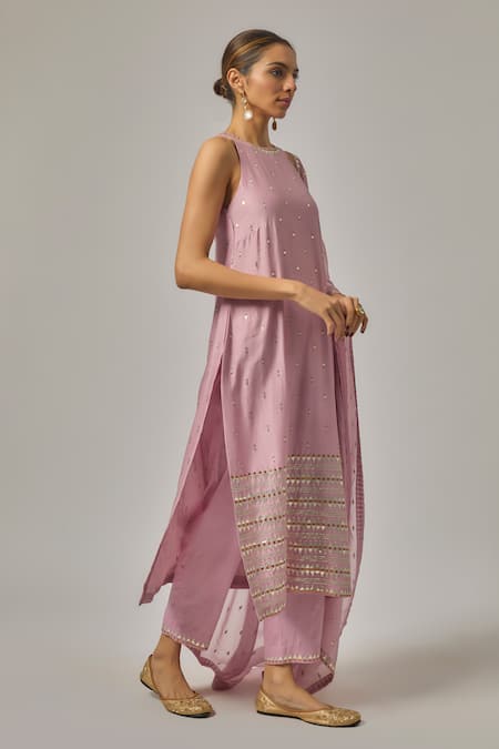 Buy_Priyal Prakash_Lilac Cotton, Viscose, Organza Sequins, Embroidery Halter Neck Hand Kurta Set _Online_at_Aza_Fashions
