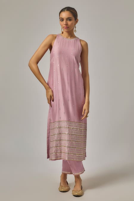 Shop_Priyal Prakash_Lilac Cotton, Viscose, Organza Sequins, Embroidery Halter Neck Hand Kurta Set _Online_at_Aza_Fashions