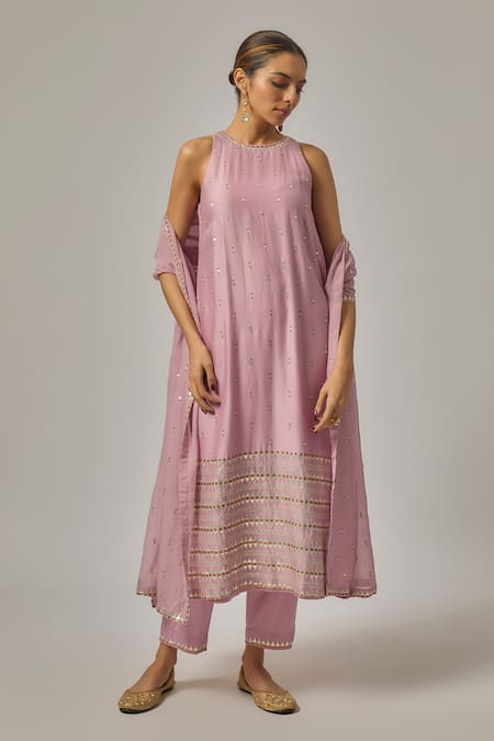 Priyal Prakash_Lilac Cotton, Viscose, Organza Sequins, Embroidery Halter Neck Hand Kurta Set _at_Aza_Fashions