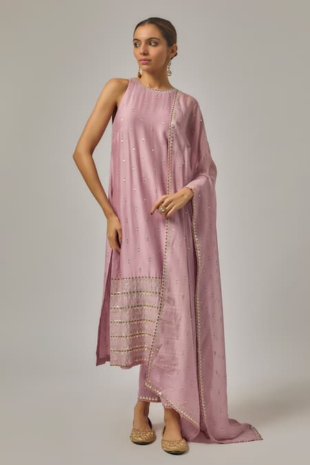 Priyal Prakash Lilac Cotton, Viscose, Organza Sequins, Embroidery Halter Neck Hand Kurta Set