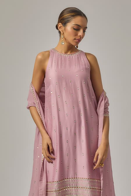 Buy_Priyal Prakash_Lilac Cotton, Viscose, Organza Sequins, Embroidery Halter Neck Hand Kurta Set 