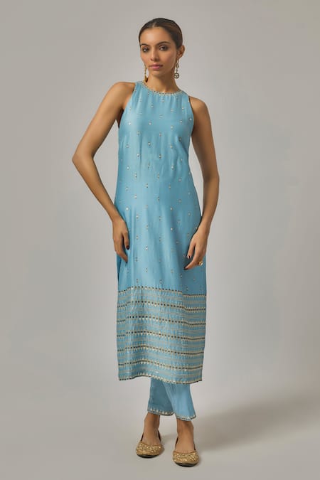 Priyal Prakash_Sky Blue Chanderi, Cotton, Viscose, Organza Sequins, Zari, Hand Kurta Set _Online_at_Aza_Fashions