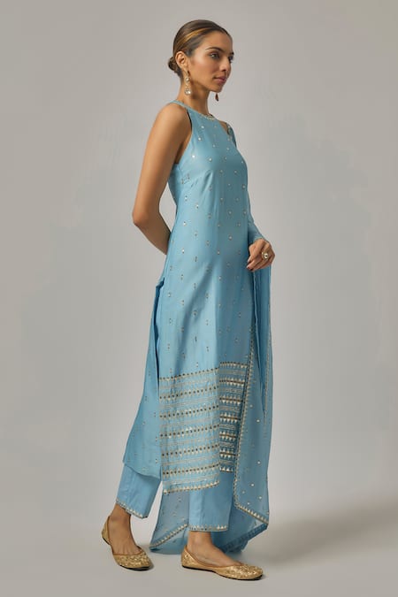 Buy_Priyal Prakash_Sky Blue Chanderi, Cotton, Viscose, Organza Sequins, Zari, Hand Kurta Set _Online_at_Aza_Fashions