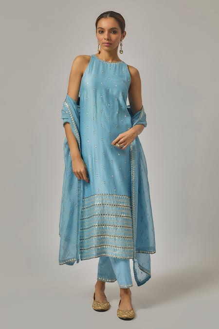Shop_Priyal Prakash_Sky Blue Chanderi, Cotton, Viscose, Organza Sequins, Zari, Hand Kurta Set _Online_at_Aza_Fashions